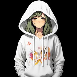 A vibrant anime girl donned in a crisp white hoodie. The name 'Rashi' is boldly and legibly written on the front of the hoodie.