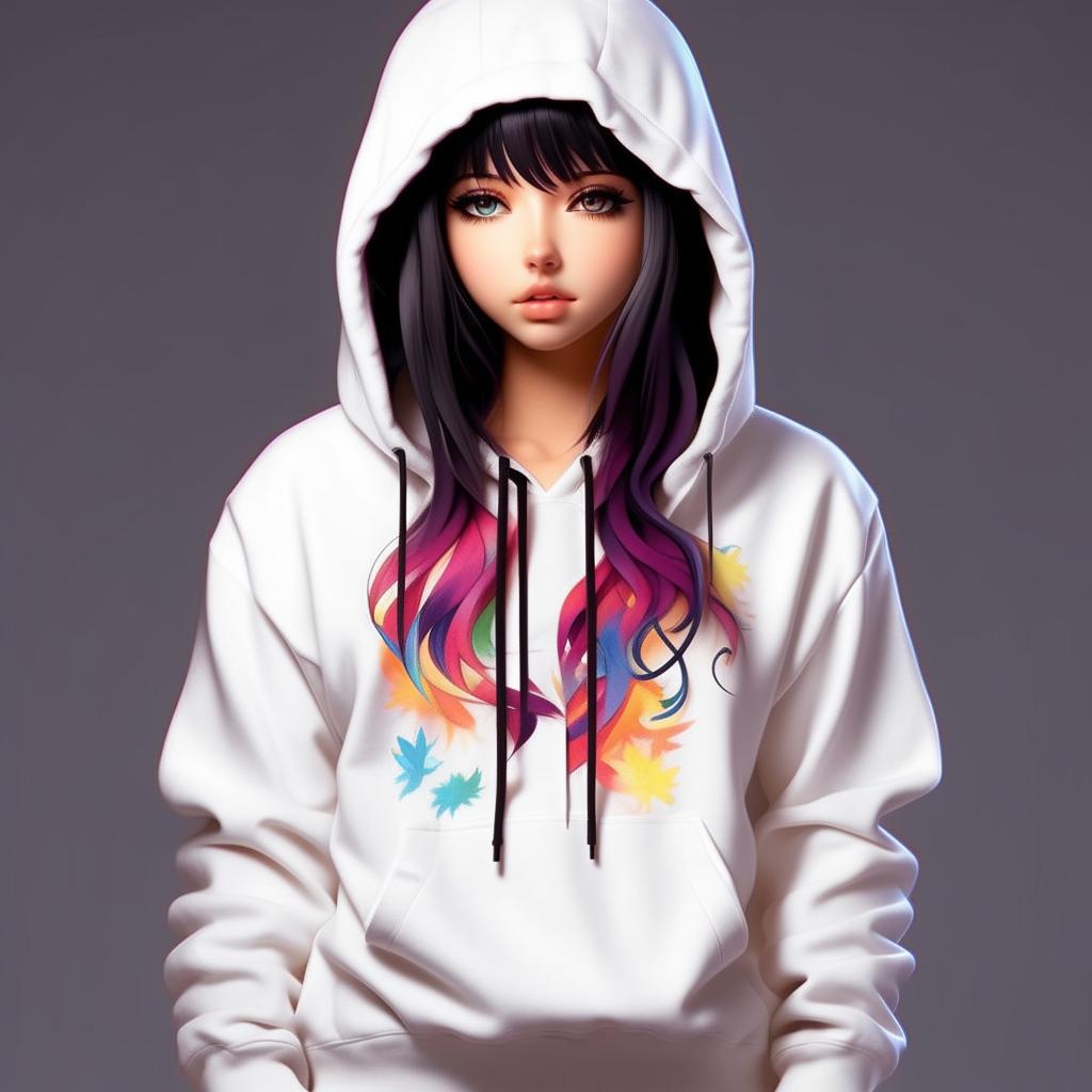 A vibrant anime girl donned in a crisp white hoodie. The name 'Rashi' is boldly and legibly written on the front of the hoodie.