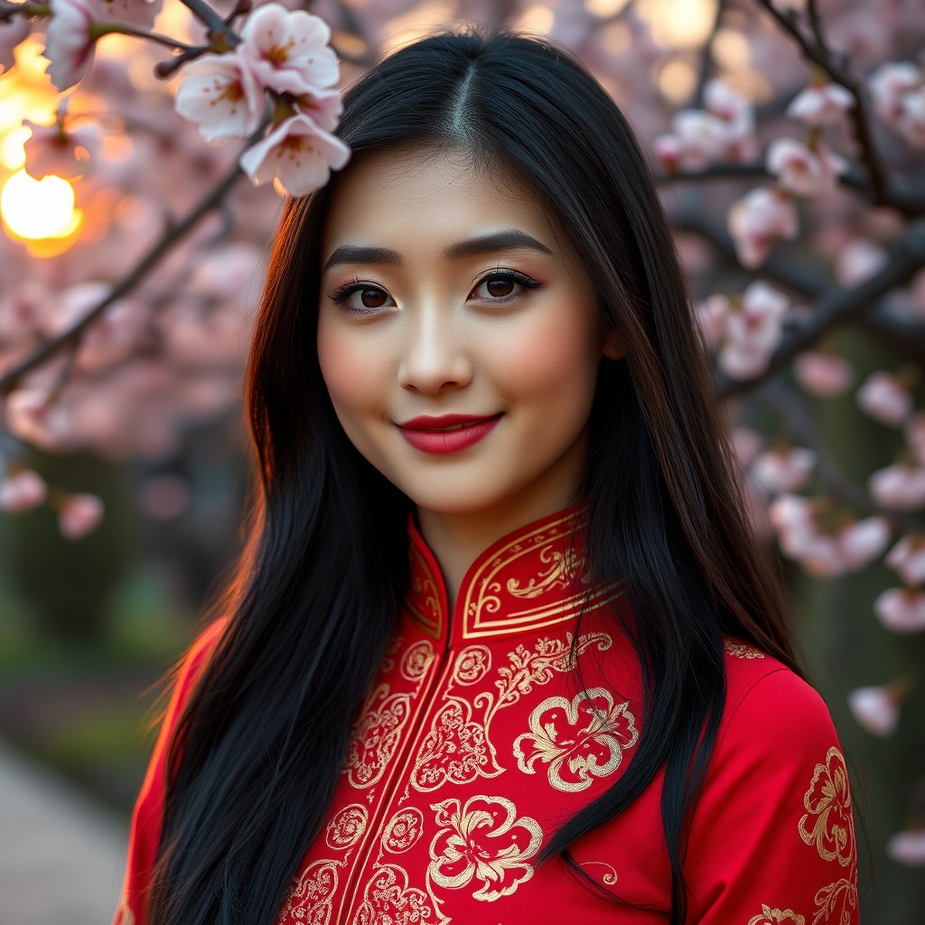 A portrait of a beautiful Chinese woman with long black hair, wearing a traditional red qipao adorned with intricate golden patterns