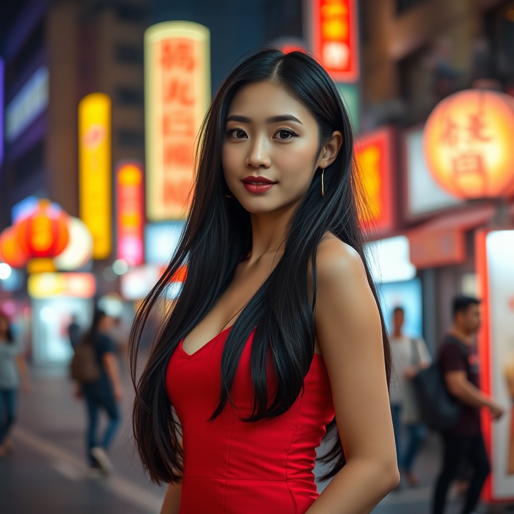 A stunning young Chinese woman with long flowing black hair, wearing a stylish, form-fitting red dress that accentuates her curves