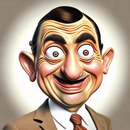 Comical caricature of Mr. Bean transformed into a bean with his recognizable facial expression and attire.