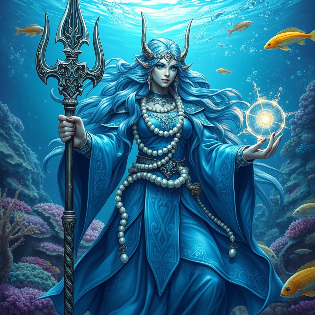 A powerful sea elf cleric dedicated to Corellon Larethian, portrayed in the midst of a vibrant underwater scene