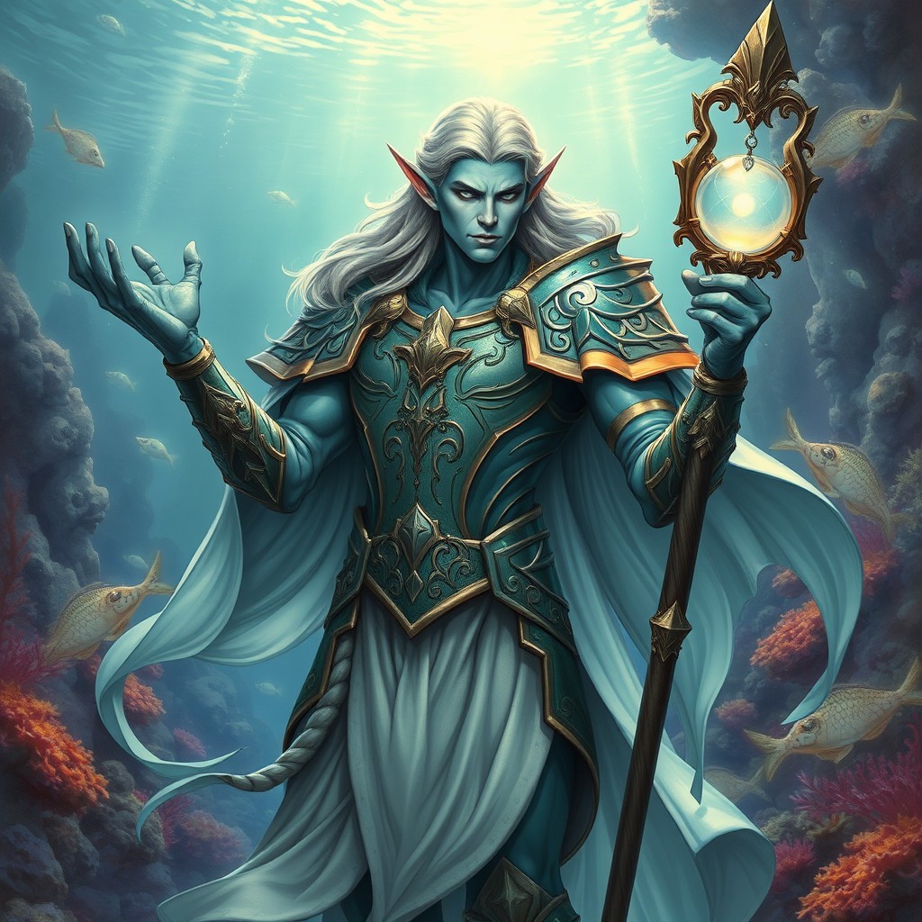 A majestic male sea elf cleric of Corellon Larethian, depicted with an elegant and confident stance