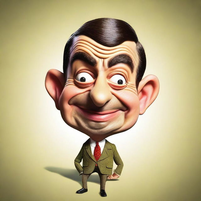 Comical caricature of Mr. Bean transformed into a bean with his recognizable facial expression and attire.