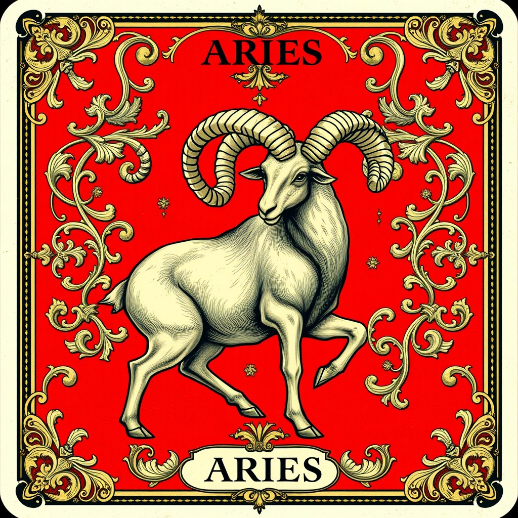 A tarot card illustrating the astrological sign Aries, featuring a prominent ram symbolizing strength and courage