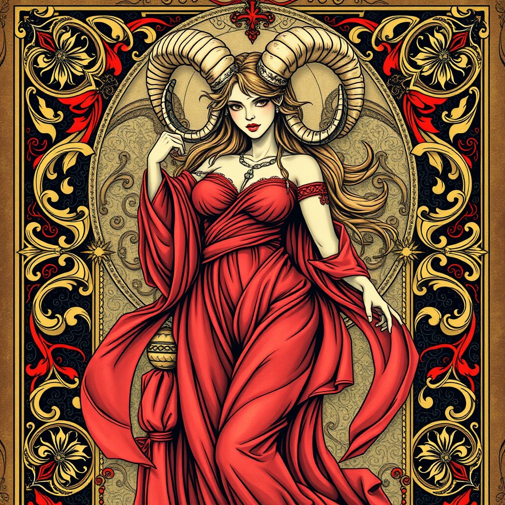 A tarot card featuring a female figure embodying the astrological sign Aries, depicted as a powerful and confident woman with ram horns, symbolizing strength and determination