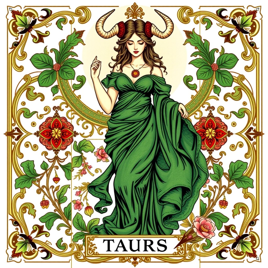 A tarot card featuring a female figure embodying the astrological sign Taurus, depicted as a serene and strong woman with bull horns, symbolizing stability and determination