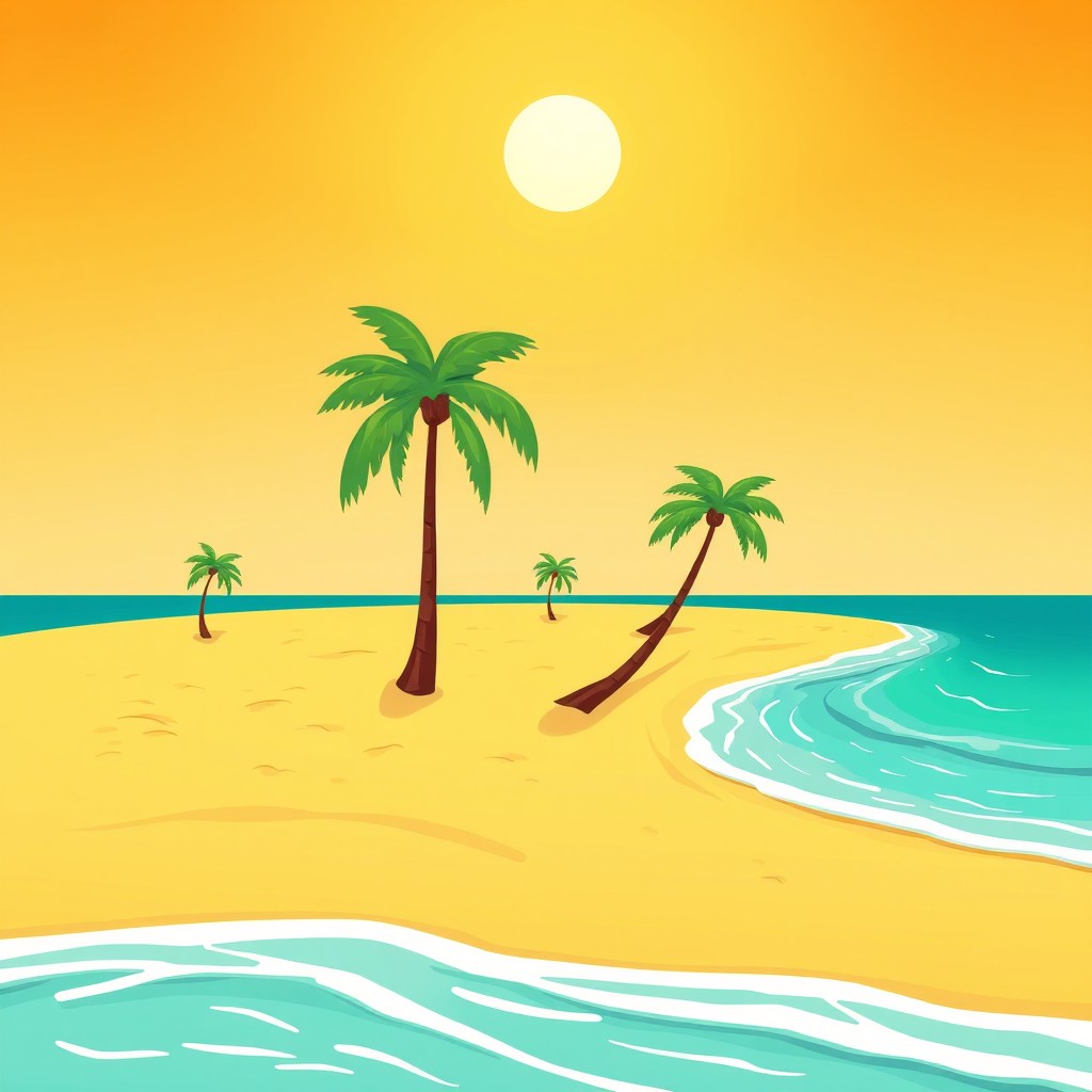 A cartoon-style illustration of a discreet beach featuring golden sand dotted with palm trees