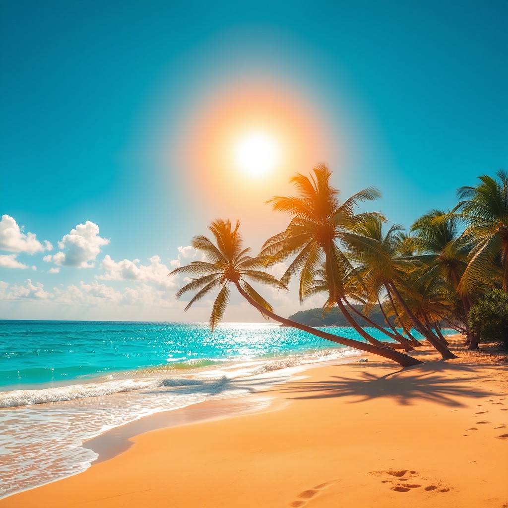 A serene beach with golden sand and palm trees swaying gently in the breeze, surrounded by vibrant turquoise waters