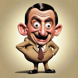 Comical caricature of Mr. Bean transformed into a bean with his recognizable facial expression and attire.