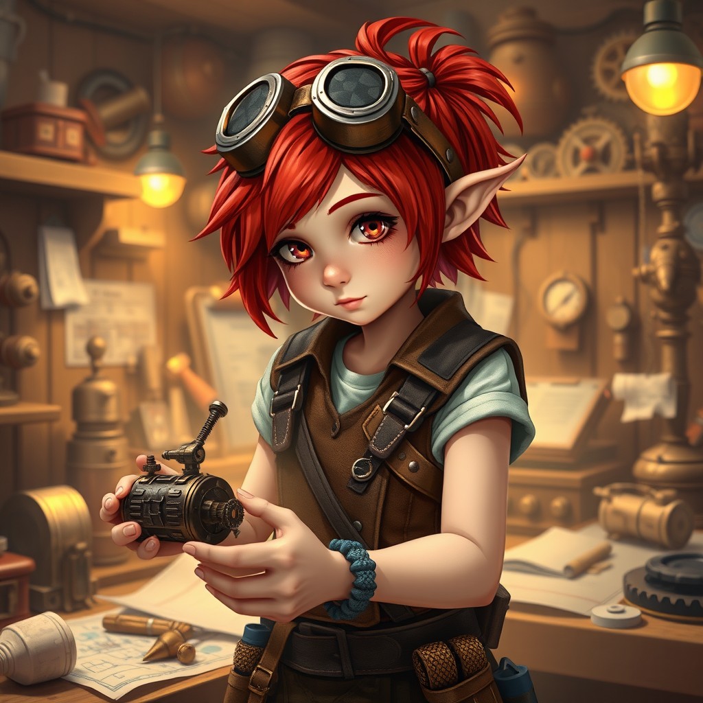 A girl gnome artificer, wearing intricate leather goggles perched on her forehead and a tool belt full of various gadgets and components