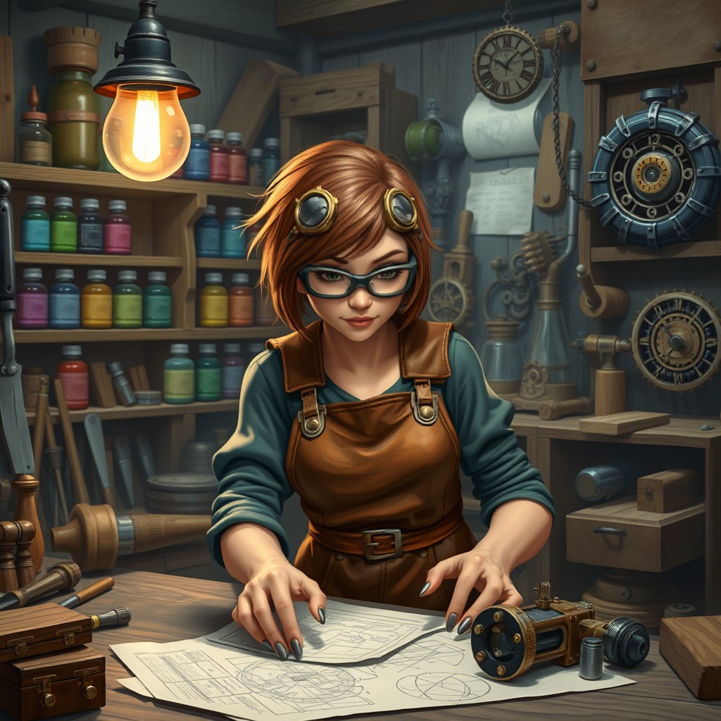 A gnome woman with short brown hair, wearing a leather apron and safety goggles, in her workshop filled with various tools, wood, and mechanical parts