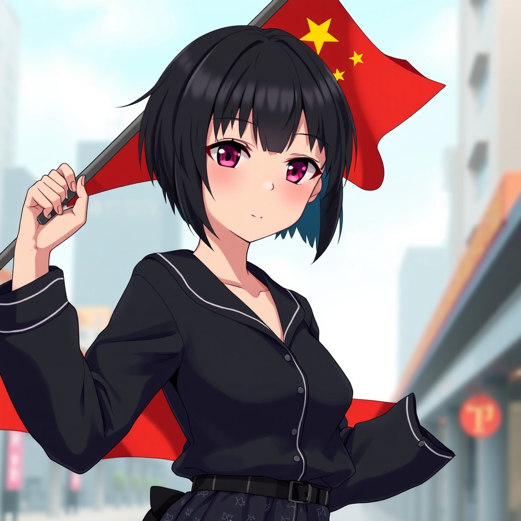 A single female anime character with short black hair, wearing a stylish black outfit complemented by Dior pajama pants, confidently holding a Chinese flag