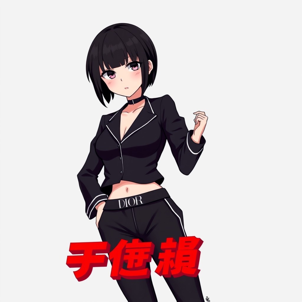 An anime girl with short black hair, stylishly dressed in a sleek black outfit and Dior sleep pants