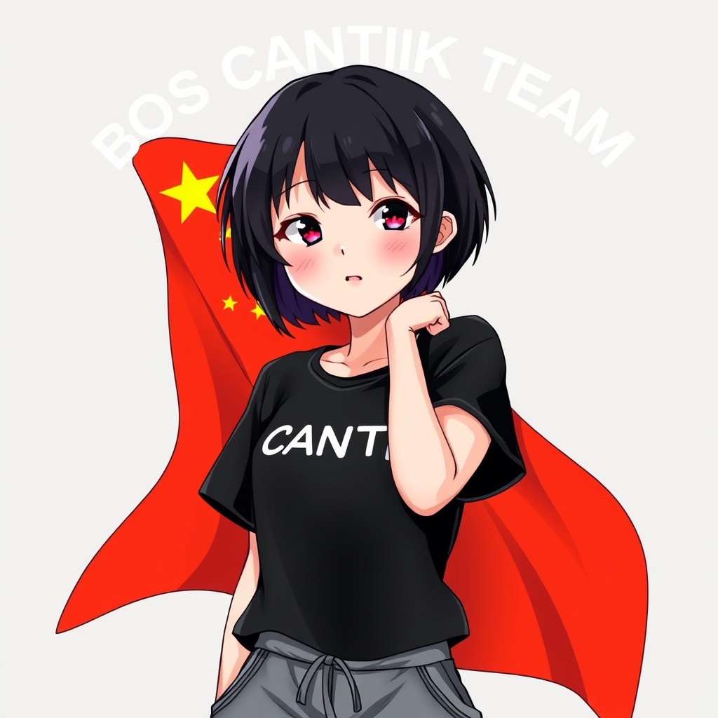 An anime girl depicted as a teenager with short black hair, wearing a casual black t-shirt and gray pajama pants