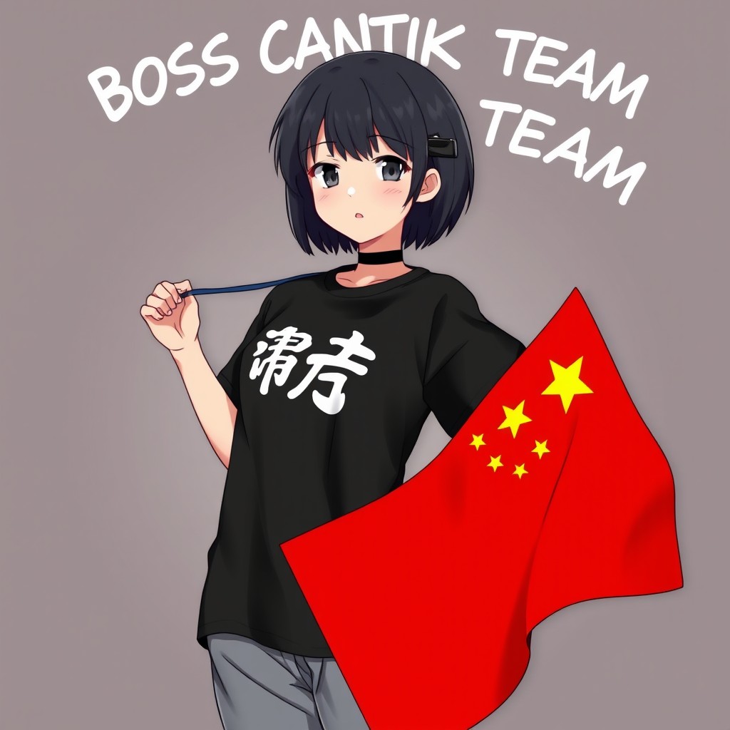 An anime girl depicted as a teenager with short black hair, wearing a casual black t-shirt featuring the Japanese characters '小可' printed on it