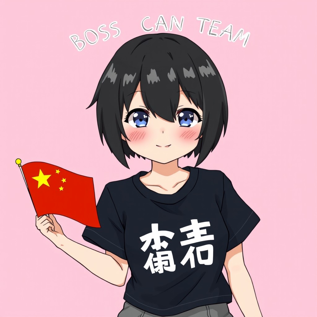 A teenage anime girl with short black hair, wearing a black t-shirt with the text 小可 printed on it