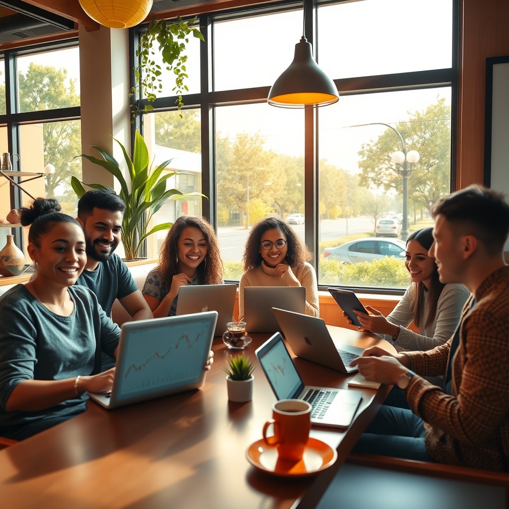 A visually uplifting scene depicting a group of diverse crypto enthusiasts gathered in a cozy coffee shop on a Monday morning, discussing and analyzing cryptocurrency trends on their laptops and tablets