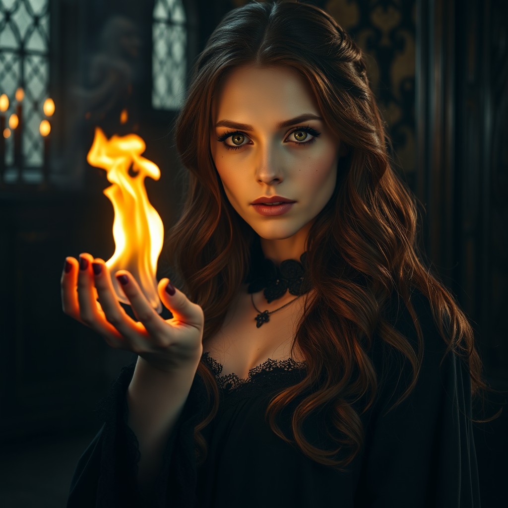 Swieta, a graceful Slavic woman with long, dark auburn hair featuring slight waves, has light ambiguous eyes that shift between blue, grey, and green