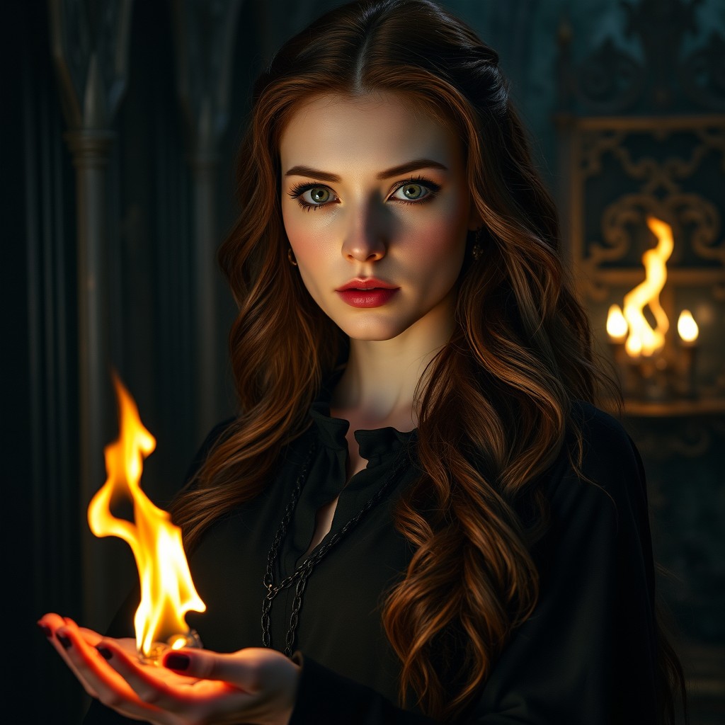 Swieta, a graceful Slavic woman with long, dark auburn hair featuring slight waves, possesses light ambiguous eyes that shift between blue, grey, and green