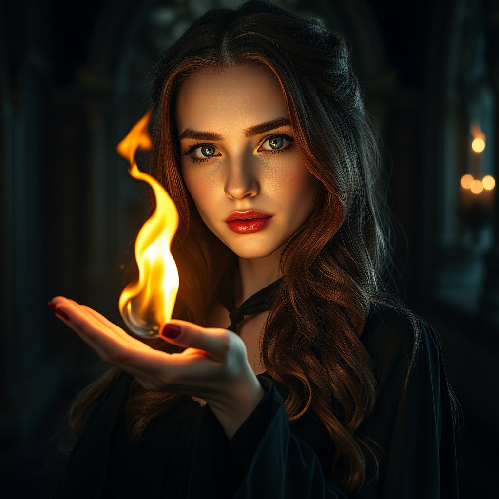 Swieta, a graceful Slavic woman with long, dark auburn hair that has slight waves, possesses light ambiguous eyes that shift between shades of blue, grey, and green