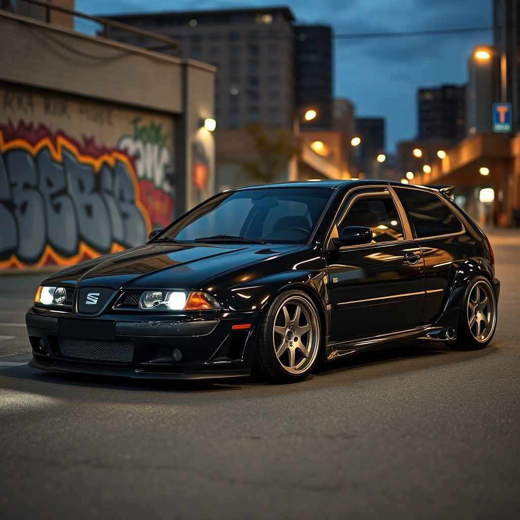 A modified black Seat Toledo from an earlier era, showcasing a sleek and aggressive tuning style