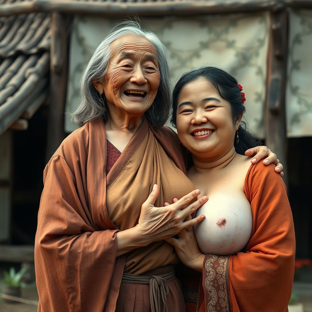 In a medieval Chinese village, an elderly Indonesian woman, very petite and malnourished, is portrayed with decayed teeth, wearing a long, fully-closed Buddhist robe