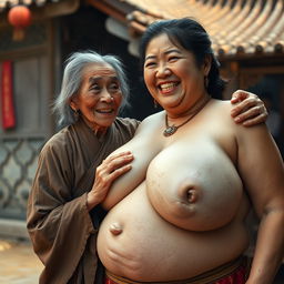 In a medieval Chinese village, an elderly Indonesian woman, very petite and malnourished, is portrayed with decayed teeth, wearing a long, fully-closed Buddhist robe