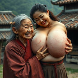 In a medieval Chinese village, an elderly Indonesian woman, very petite and malnourished, is portrayed with decayed teeth, wearing a long, fully-closed Buddhist robe