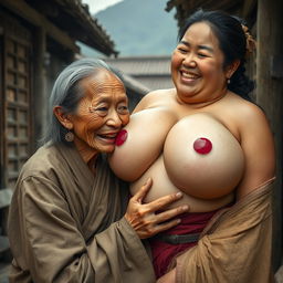 In a medieval Chinese village, an elderly Indonesian woman, very petite and malnourished, is depicted with decayed teeth, wearing a long, fully-closed Buddhist robe