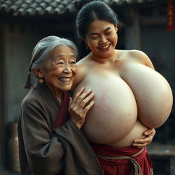 In a medieval Chinese village, an elderly Indonesian woman, very petite and malnourished, is depicted with decayed teeth, wearing a long, fully-closed Buddhist robe
