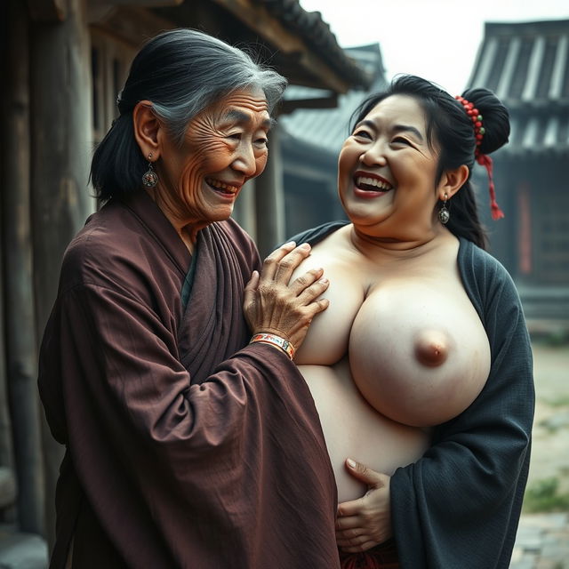 In a medieval Chinese village, an elderly Indonesian woman, very petite and malnourished, is depicted with decayed teeth, wearing a long, fully-closed Buddhist robe