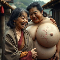 In a medieval Chinese village, an elderly Indonesian woman, very short and emaciated, is depicted showing her decayed teeth while wearing a long, fully closed Buddhist cloak