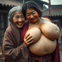 In a medieval Chinese village, an elderly Indonesian woman, notably short and emaciated, is depicted revealing her decayed teeth while wearing a long, fully closed Buddhist cloak