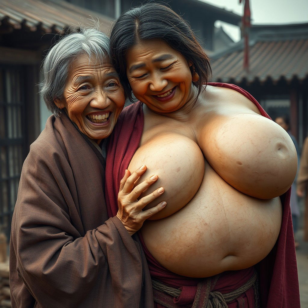 In a medieval Chinese village, an elderly Indonesian woman, notably short and emaciated, is depicted revealing her decayed teeth while wearing a long, fully closed Buddhist cloak