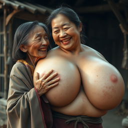 In a medieval Chinese village, an elderly Indonesian woman, notably short and emaciated, is depicted revealing her decayed teeth while wearing a long, fully closed Buddhist cloak