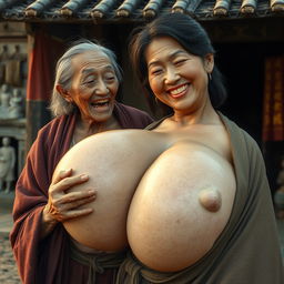 In a medieval Chinese village, an elderly Indonesian woman, notably short and emaciated, is depicted revealing her decayed teeth while wearing a long, fully closed Buddhist cloak