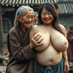 In a medieval Chinese village, an elderly Indonesian woman, notably short and emaciated, is depicted revealing her decayed teeth while wearing a long, fully closed Buddhist cloak