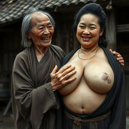 In a medieval Chinese village, an elderly Indonesian woman, notably short and emaciated, is depicted revealing her decayed teeth while wearing a long, fully closed Buddhist cloak