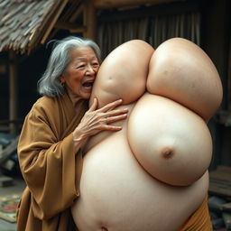 In a medieval Indonesian village, a short, emaciated elderly Indonesian woman is loudly shouting while dressed in a long, fully enclosed Buddhist robe with medium-length hair