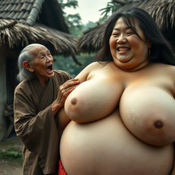 In a medieval Indonesian village, a short, emaciated elderly Indonesian woman is loudly shouting while dressed in a long, fully enclosed Buddhist robe with medium-length hair