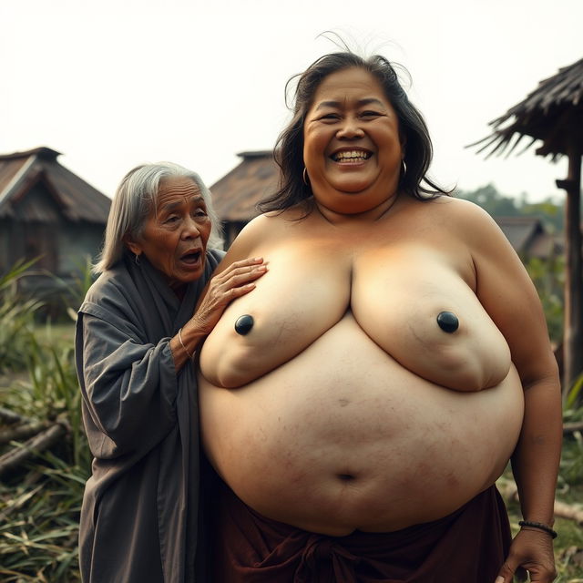 In a medieval Indonesian village, a short, emaciated elderly Indonesian woman is loudly shouting while dressed in a long, fully enclosed Buddhist robe with medium-length hair