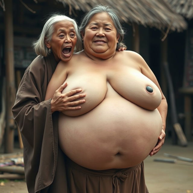 In a medieval Indonesian village, a short, emaciated elderly Indonesian woman is loudly shouting while wearing a long, fully enclosed Buddhist robe with medium-length hair