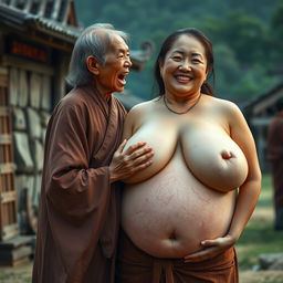 In a medieval Chinese village, a short, emaciated elderly Indonesian woman is loudly shouting while dressed in a long, fully enclosed Buddhist robe with medium-length hair