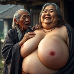 In a medieval Chinese village, a short, emaciated elderly Indonesian woman is loudly shouting while dressed in a long, fully enclosed Buddhist robe with medium-length hair