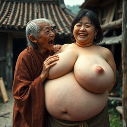 In a medieval Chinese village, a short, emaciated elderly Indonesian woman is loudly shouting while dressed in a long, fully enclosed Buddhist robe with medium-length hair