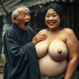 In a medieval Chinese village, a short, emaciated elderly Indonesian woman is loudly shouting while dressed in a long, fully enclosed Buddhist robe with medium-length hair