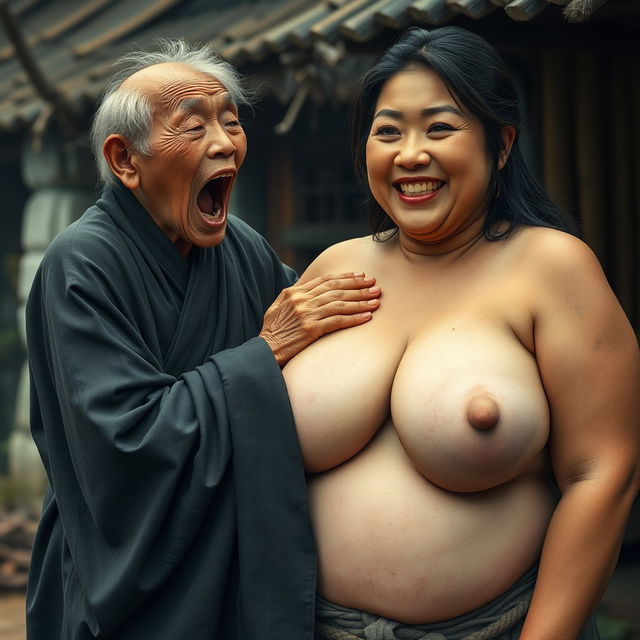 In a medieval Chinese village, a short, emaciated elderly Indonesian woman is loudly shouting while dressed in a long, fully enclosed Buddhist robe with medium-length hair