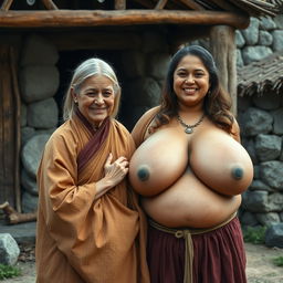 In a medieval village, a very short and undernourished happy blonde woman is dressed in a long, fully closed Buddhist robe, with her medium-length blonde hair parted in the middle