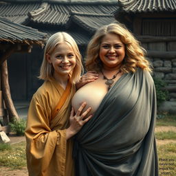 In a medieval village, a very short and undernourished happy blonde woman is dressed in a long, fully closed Buddhist robe, with her medium-length blonde hair parted in the middle